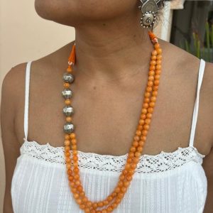 Orange beads silver balls mala