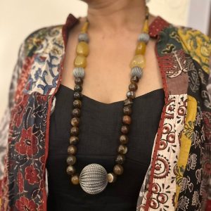 big tiger eye with silver vinatge balls necklace