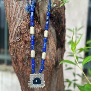 blue lapiz stone with mirror painting silver necklace